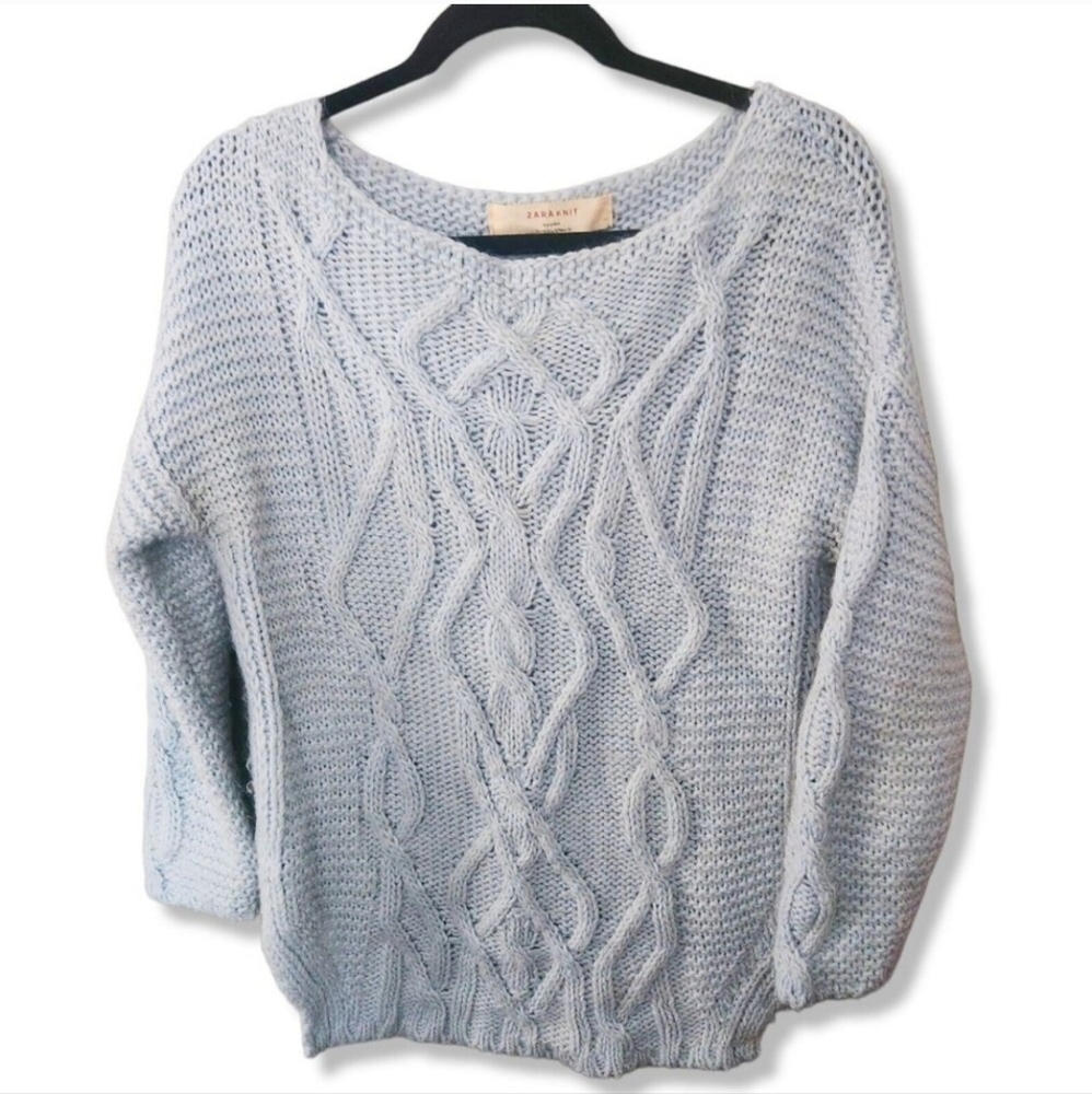 Zara Knit Alpaca Wool Cable Sweater Long Mint Green women's oversized baggy S